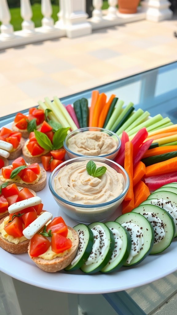 A vibrant platter of cold appetizers including bruschetta, fresh vegetables with dip, and cucumber slices with cream cheese.